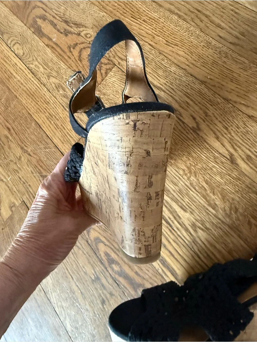 Black Woven Cork Wedge Sandals - Women size 8